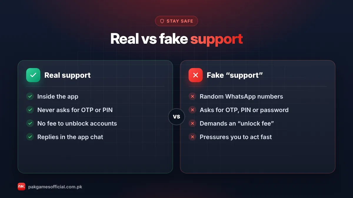 Real vs fake Pak Game customer service comparison chart
