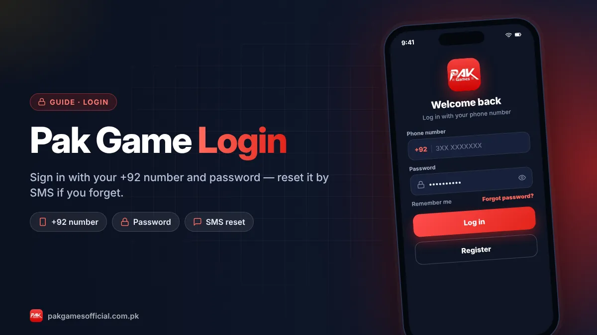 Pak Game login screen on a phone with +92 phone number and password fields