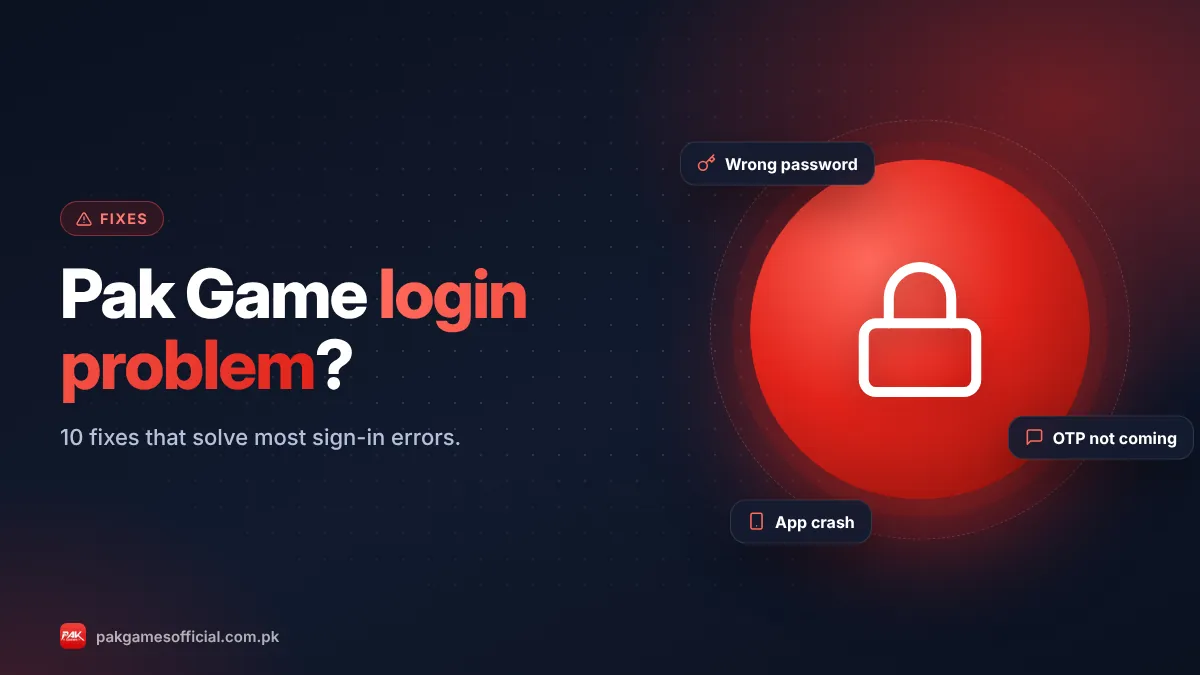 Pak Game login problem banner showing a phone with a login error and fix icons