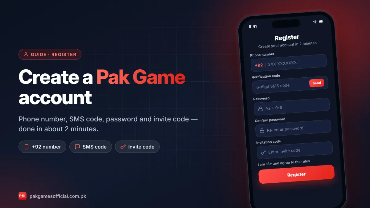Pak Game register form on a phone with phone number, verification code, password and invite code fields
