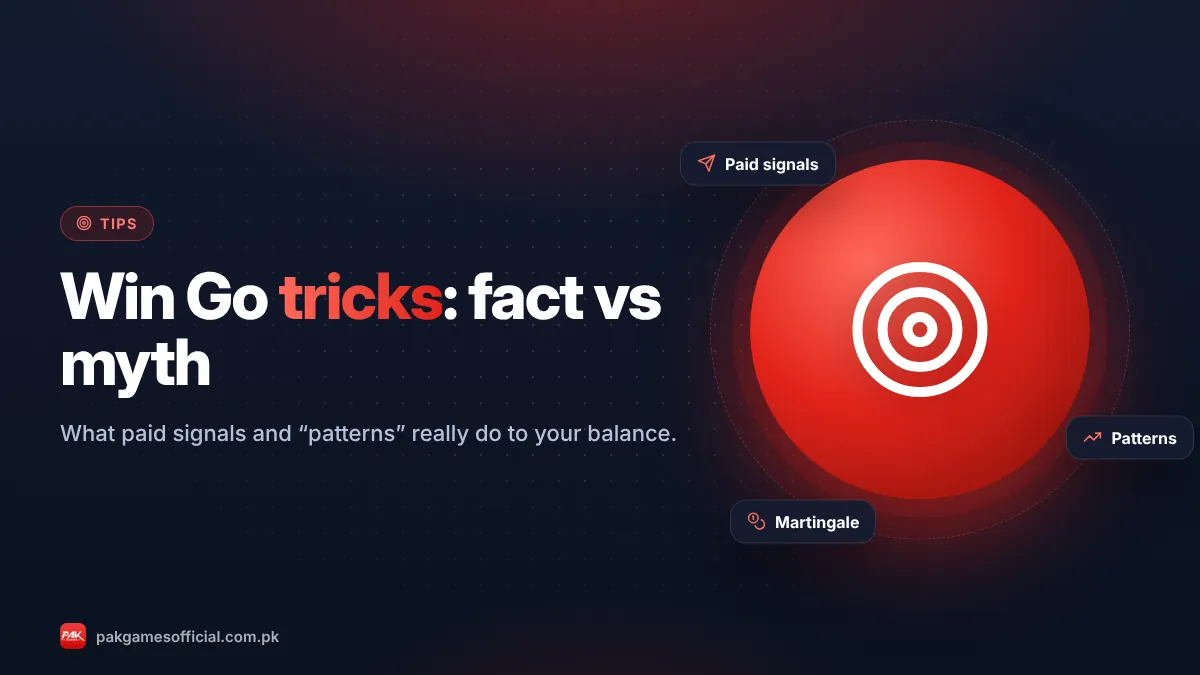 Pak Game Win Go tricks banner showing coloured number balls and a fact vs myth label
