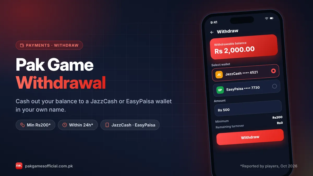 Pak Game withdrawal screen with balance, amount and JazzCash EasyPaisa wallet