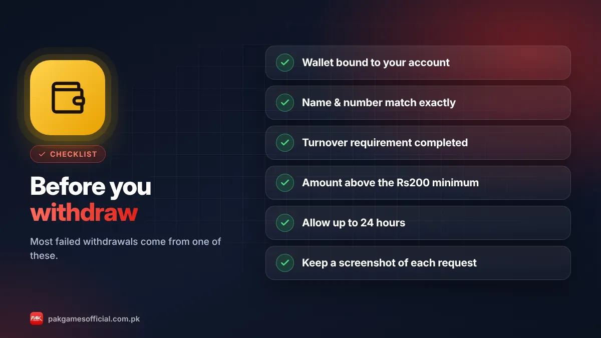 Pak Game withdrawal checklist bind wallet turnover minimum Rs200 correct name and 24 hours
