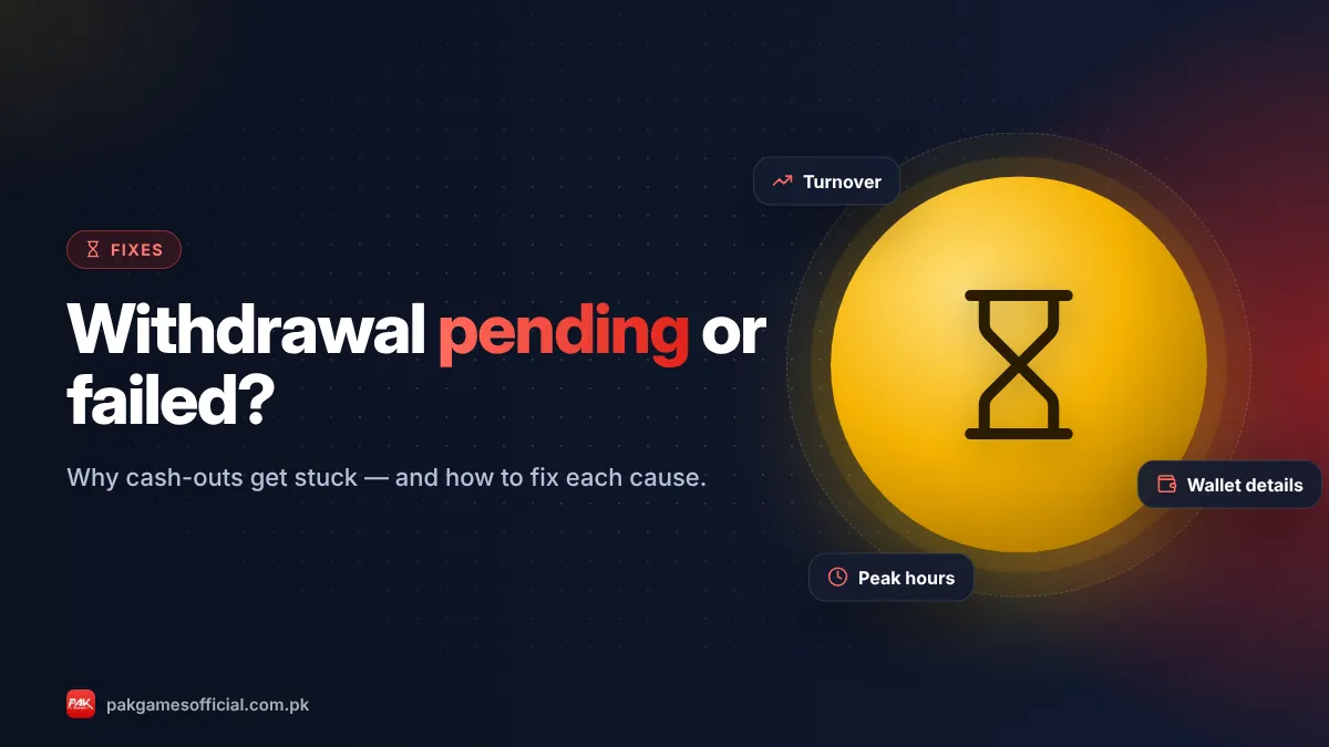 Pak Game withdrawal pending banner with an hourglass over a mobile wallet